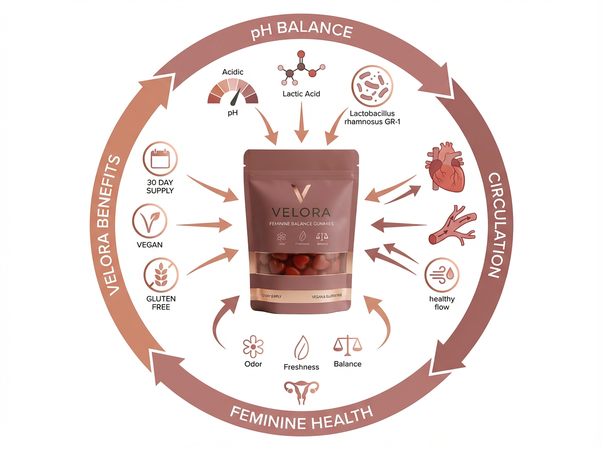 VELORA feminine wellness diagram showing how probiotics restore vaginal pH balance